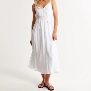 Abercrombie- Crinkle Textured Smocked Waist Midi Dress, White, Size L